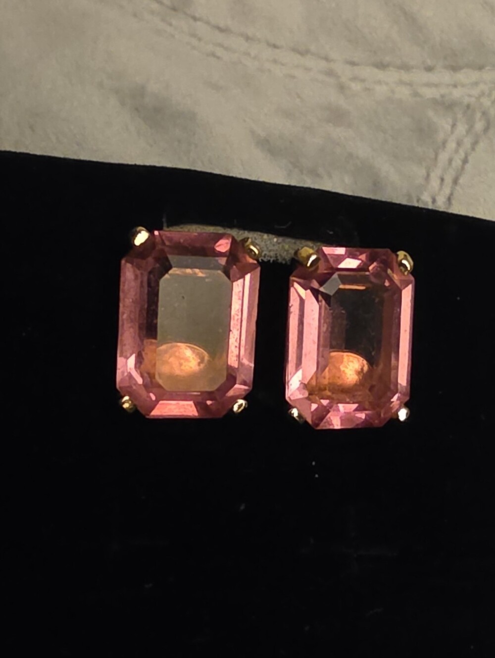 Christian Dior VTG Gold Tone Signed Pink Emerald Cut Crystal Clip Earrings 1950'